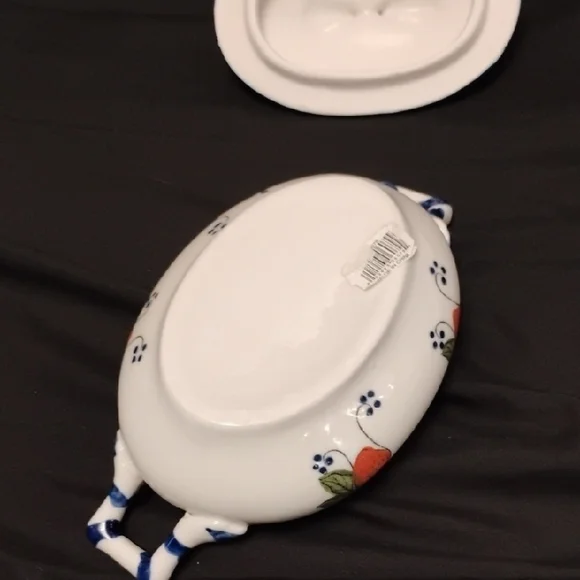 Vintage-Style Strawberry Ceramic Tureen with Lid | Blue Handle Detail | 9" Wide - Picture 7 of 7
